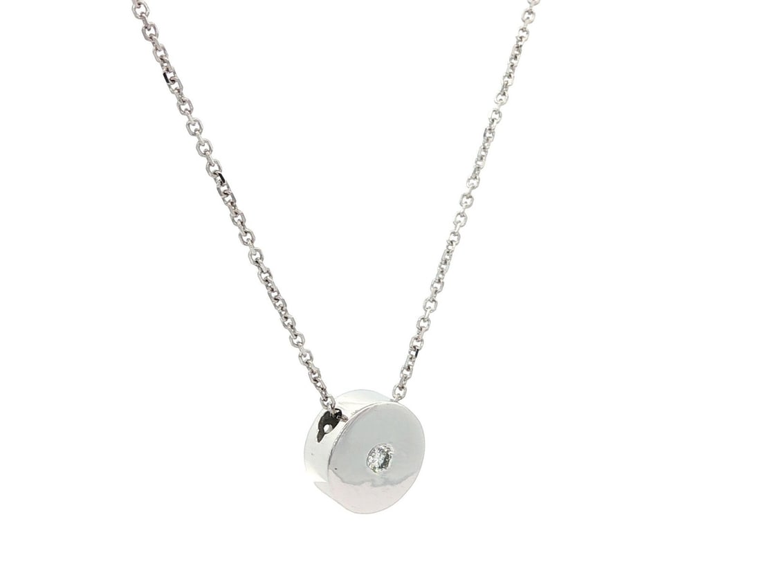 New 14k White Gold Diamond Circle Disk Slide Pendant Necklace: New 14k White Gold Diamond Circle Disk Slide Pendant Necklace This exquisite pendant necklace features a round circle disk design crafted from solid 14k white gold. The pendant is adorned with a natur