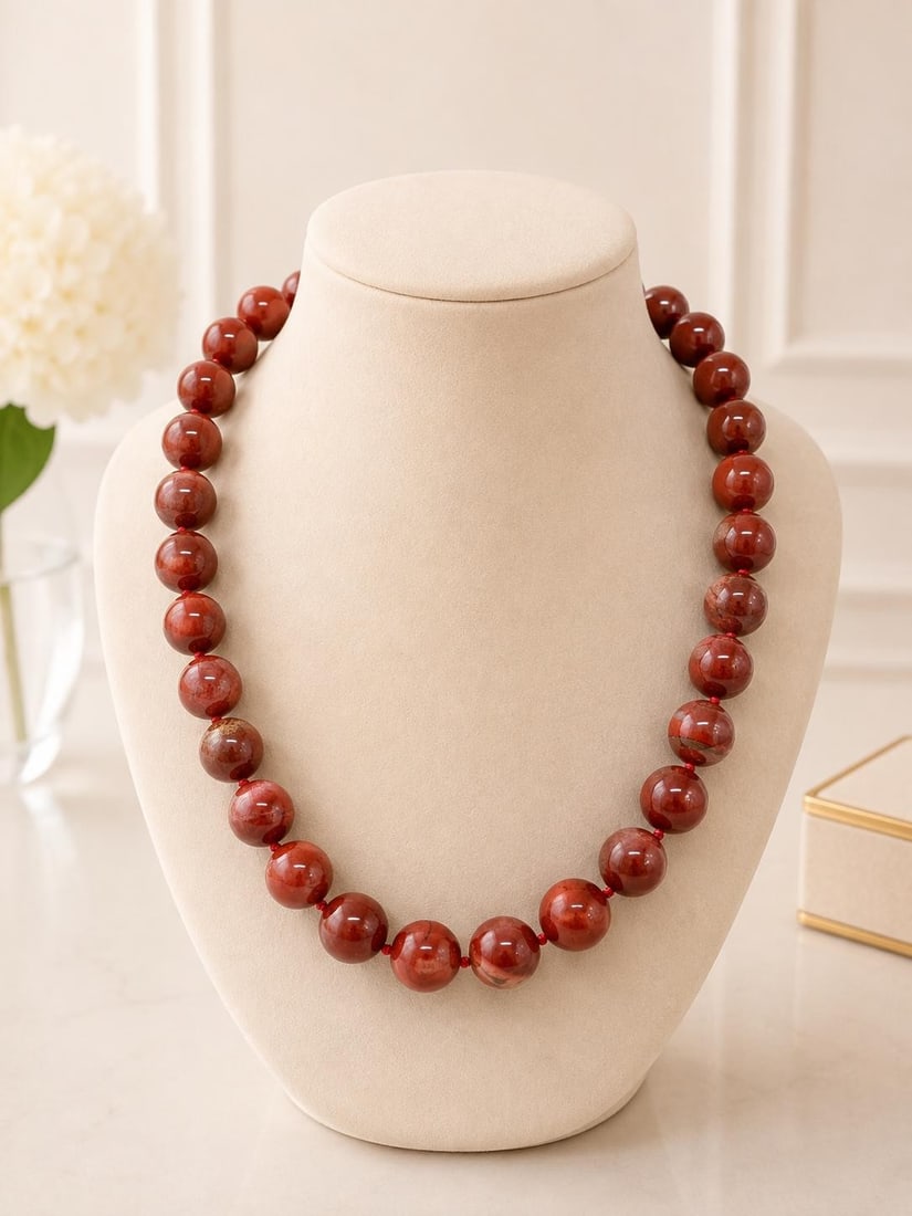 Red Jasper Bead Necklace Sterling Silver Adjustable 16 to 19 In: Red Jasper Bead Necklace Sterling Silver Adjustable 16 to 19 In Beaded necklace featuring natural genuine red jasper round beads, knotted and strung with a sterling silver clasp and chain. The