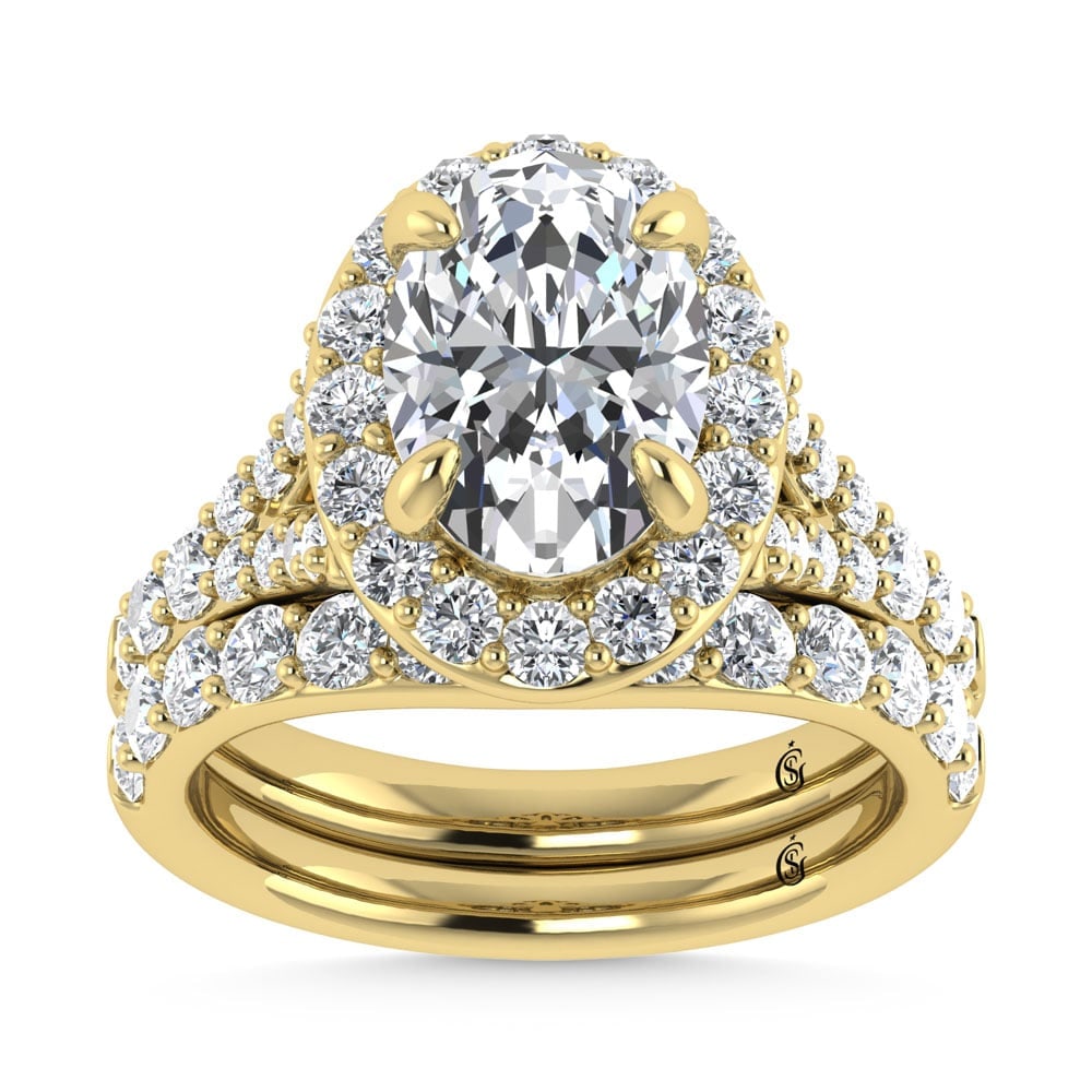 14K Yellow Gold 4 7/8 Ct.Tw. Lab Grown Diamond Bridal Ring (IGI Certified Center 3ct): 14K Yellow Gold 4 7/8 Ct.Tw. Lab Grown Diamond Bridal Ring (IGI Certified Center 3ct) 14k Yellow Gold Stone Color: D-f Stone Clarity: Vs Each ring is presented in standard size 6.5. Complimentary