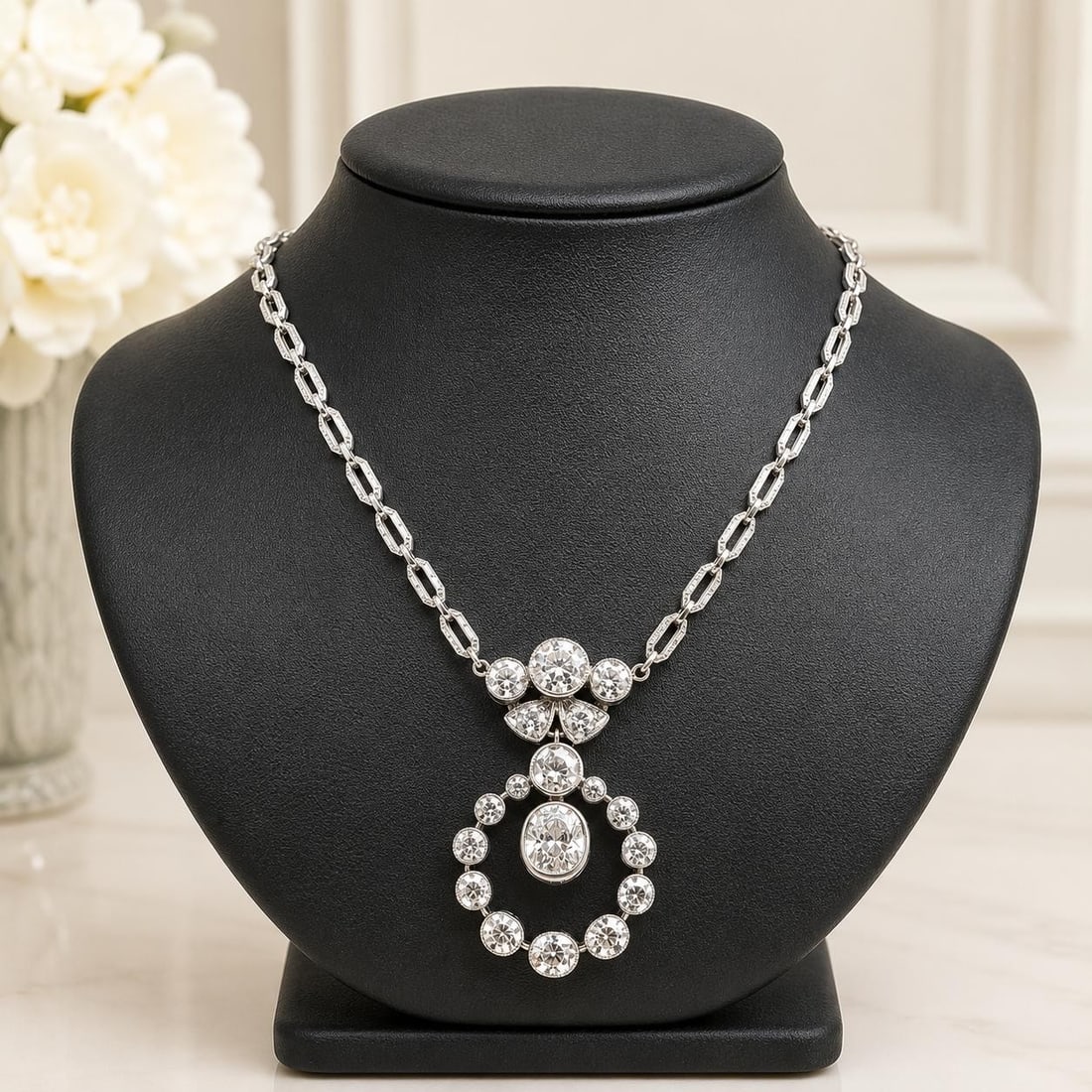 Edwardian diamond pendant necklace in platinum with 14k white gold chain: Edwardian diamond pendant necklace in platinum with 14k white gold chain Antique Edwardian pendant necklace featuring natural old mine and old European cut diamonds in a milgrain bezel-set design. The