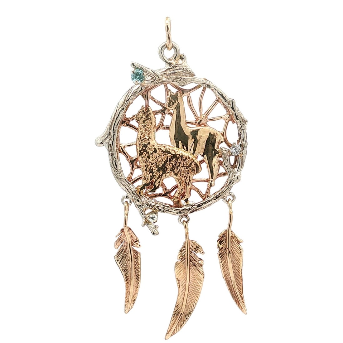 12-14k Gold Llama Alpaca Dreamcatcher Pendant with Diamond Feather Dangles: 12-14k Gold Llama Alpaca Dreamcatcher Pendant with Diamond Feather Dangles Pre-owned dreamcatcher pendant featuring a llama and alpaca motif with feather dangles. Crafted in solid 12-14k yellow and wh