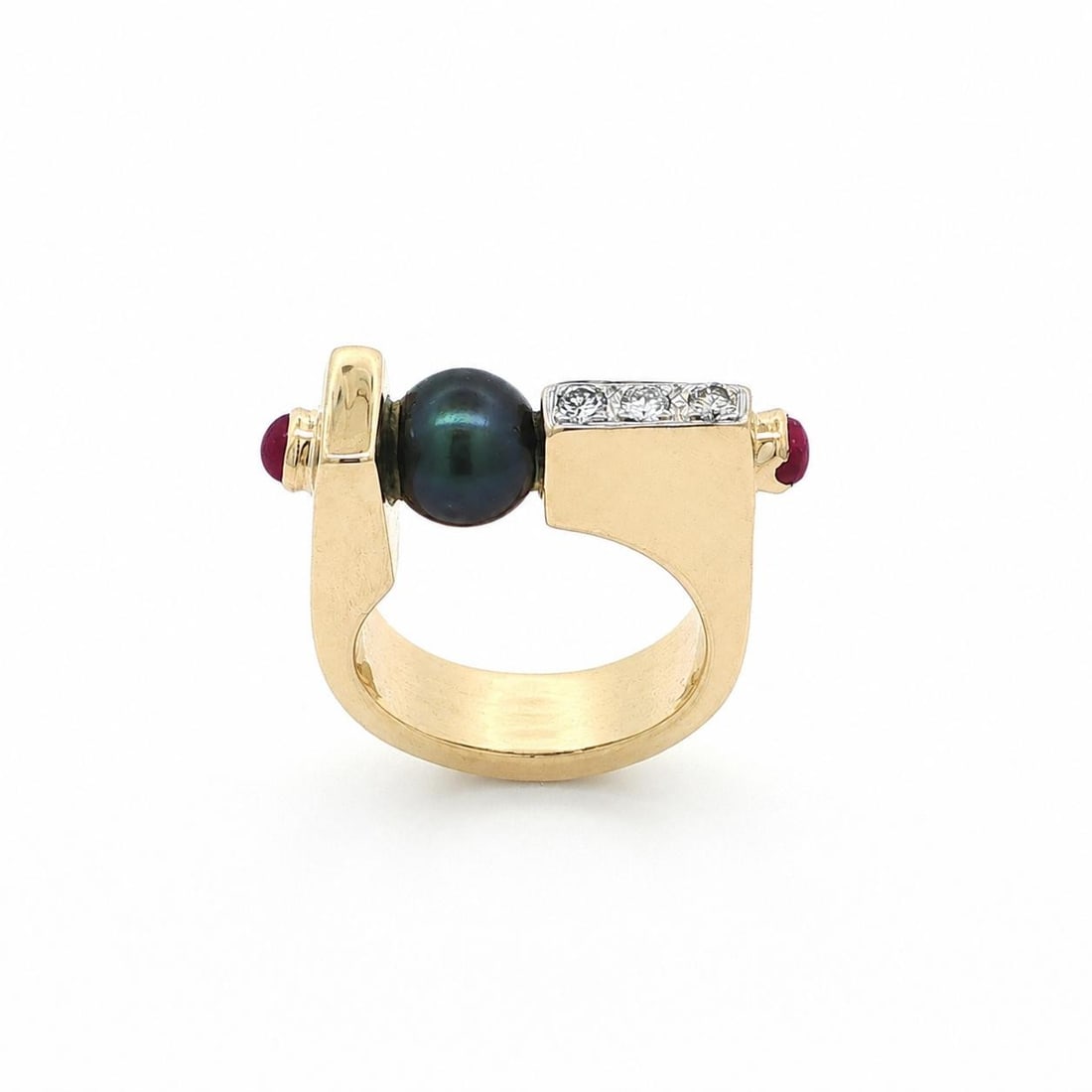14k Yellow Gold Cocktail Ring with Tahitian Pearl Diamonds and Rubies: 14k Yellow Gold Cocktail Ring with Tahitian Pearl Diamonds and Rubies Vintage cocktail ring crafted in solid 14k yellow gold, featuring a floating Tahitian pearl accented by diamonds and rubies in a