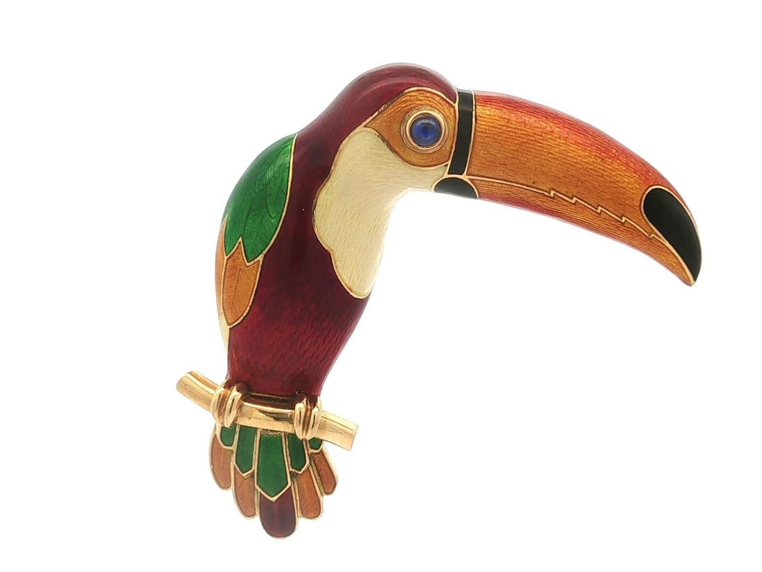 Toucan Bird Brooch 18k Yellow Gold Enamel Sapphire (1 of 9)