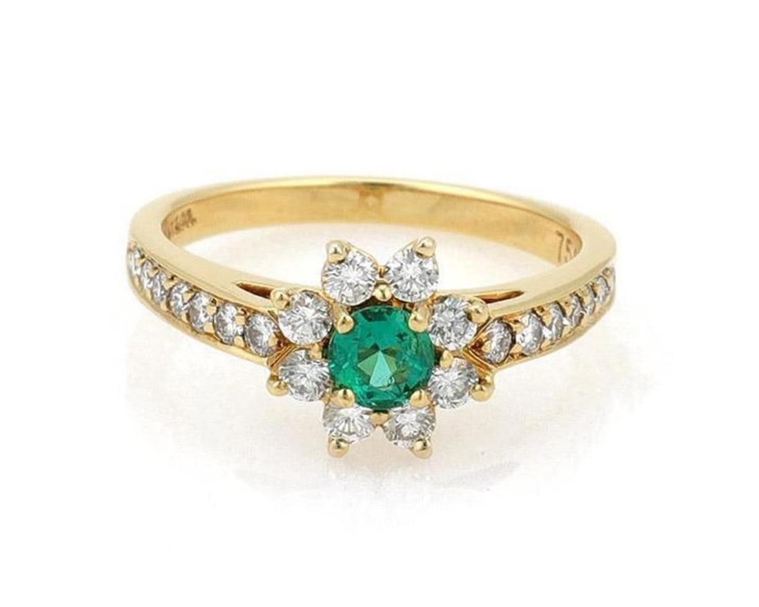 Tiffany & Co. Floral Ring 18k Yellow Gold Diamond Emerald Size 4.5: Tiffany & Co. Floral Ring 18k Yellow Gold Diamond Emerald Size 4.5 Pre-owned Tiffany & Co. floral ring crafted in 18k yellow gold, accented with diamonds and emeralds. The design features a floral mot