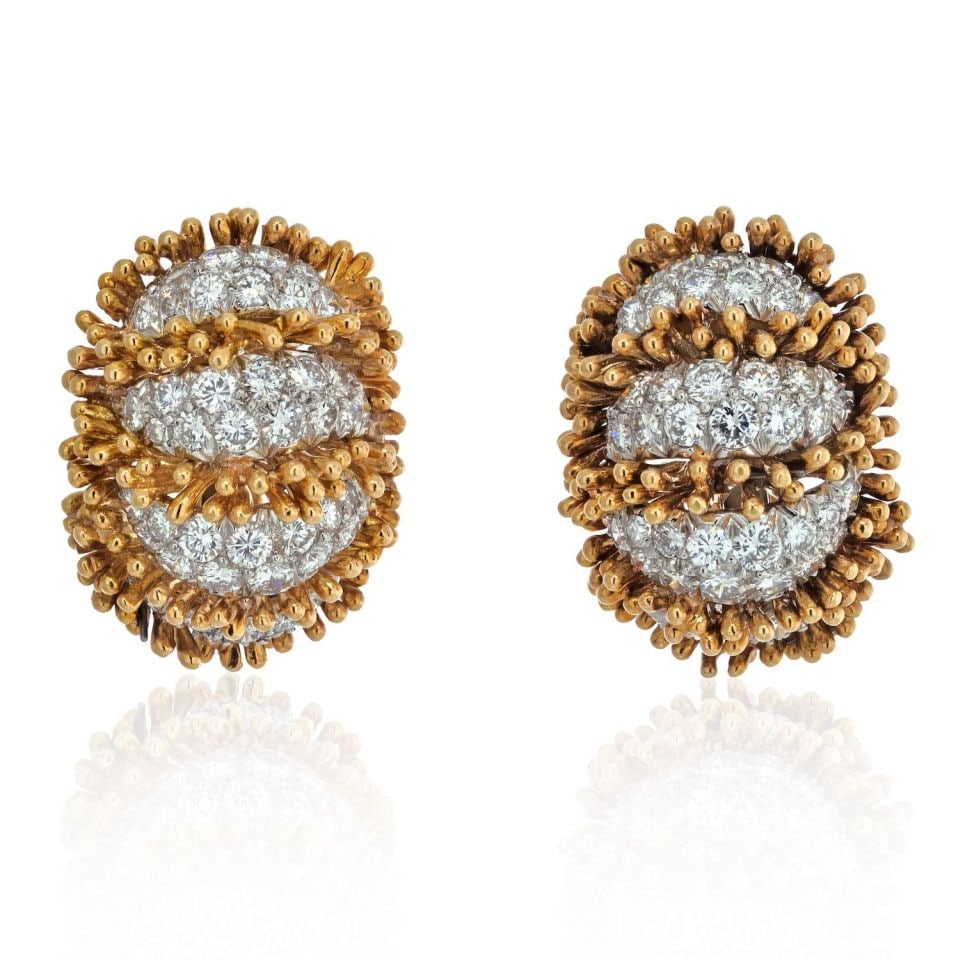 David Webb Diamond Clip-On Earrings Platinum 18K Yellow Gold 7.2ct (1 of 3)