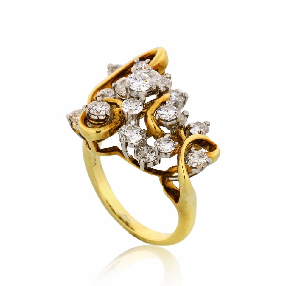 Kurt Wayne Love Diamond Cocktail Ring Platinum 18K Yellow Gold 2.50cttw: Kurt Wayne Love Diamond Cocktail Ring Platinum 18K Yellow Gold 2.50cttw Estate cocktail ring by Kurt Wayne featuring a platinum and 18K yellow gold design with round diamonds arranged in the "Love" mo