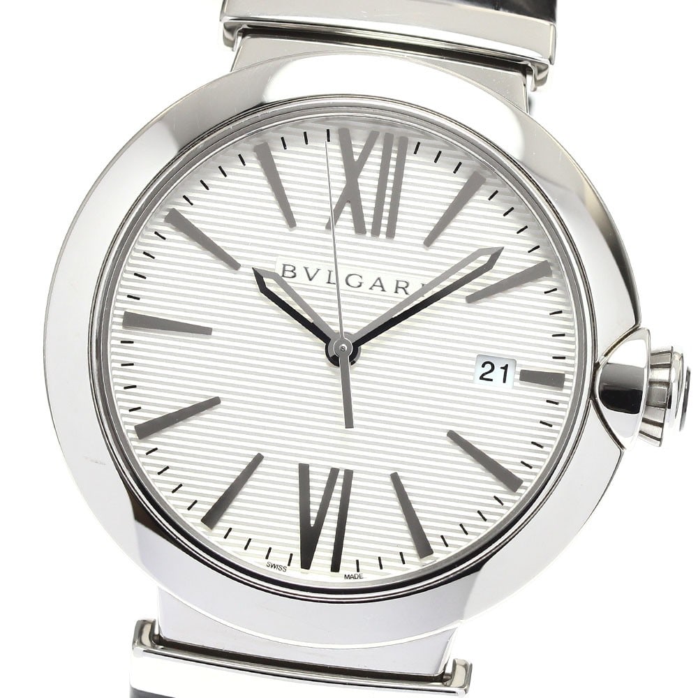 BVLGARI Lucea LU40S mens automatic date wristwatch: BVLGARI Lucea LU40S mens automatic date wristwatch BVLGARI Lucea men's wristwatch with automatic movement and date display. This Swiss-made watch features a stainless steel case, silver dial, and leat