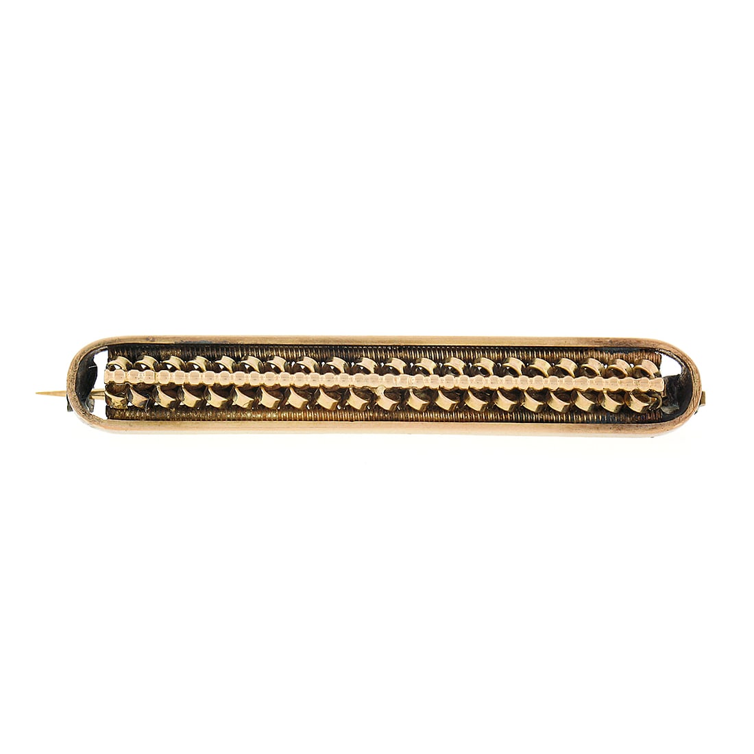 Victorian 10k Yellow Gold Bar Brooch with Braided Openwork Design: Victorian 10k Yellow Gold Bar Brooch with Braided Openwork Design Antique Victorian bar pin brooch crafted in solid 10k yellow gold with a distinctive 3D braided and woven openwork design. A textured 