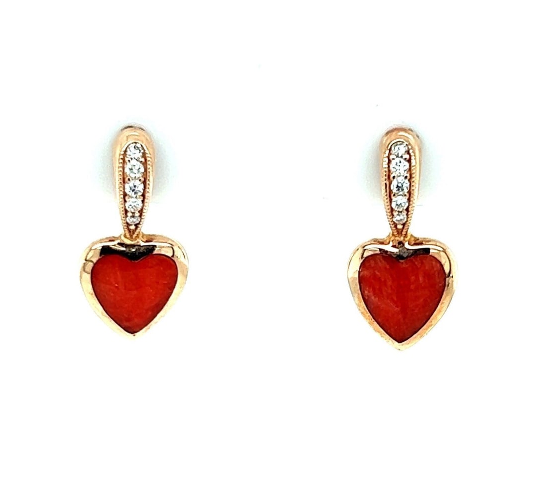 Kabana Heart Dangle Earrings 14k Rose Gold Red Spiny Oyster Diamond: Kabana Heart Dangle Earrings 14k Rose Gold Red Spiny Oyster Diamond Pre-owned Kabana heart dangle earrings crafted in 14k rose gold with natural red spiny oyster inlay and diamond accents. The heart m