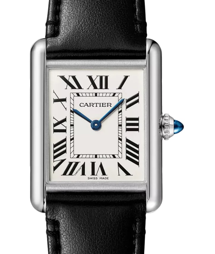 Cartier Tank Must Ladies Watch WSTA0059 Silver Dial Card 2022: Cartier Tank Must Ladies Watch WSTA0059 Silver Dial Card 2022 Cartier Tank Must ladies watch featuring a silver Roman numerals dial, smooth bezel, and a generic black leather band. Includes card dated
