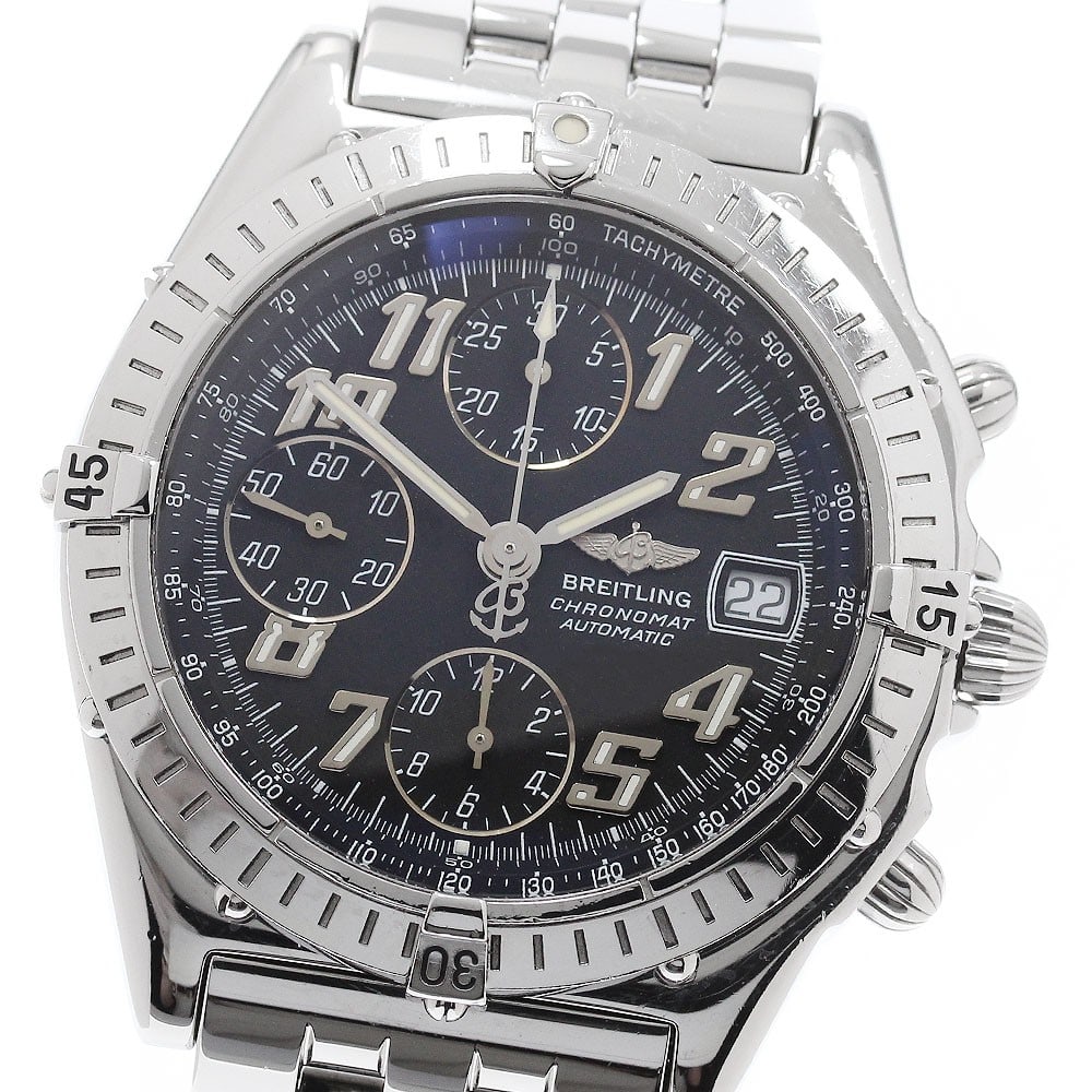 Breitling Chronomat Blackbird A13350 mens automatic date watch: Breitling Chronomat Blackbird A13350 mens automatic date watch Breitling Chronomat Blackbird men's automatic wristwatch with a black dial and stainless steel case and bracelet. This watch features a d