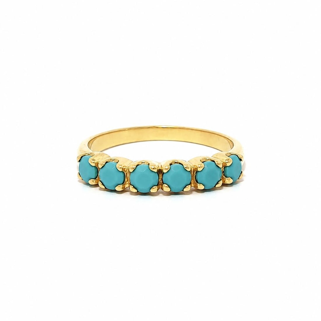 Sleeping Beauty Turquoise Band Ring Sterling Silver Gold Plated Size 6: Sleeping Beauty Turquoise Band Ring Sterling Silver Gold Plated Size 6 Pre-owned women's band ring crafted in solid sterling silver with yellow gold plating, set with six natural Sleeping Beauty turqu