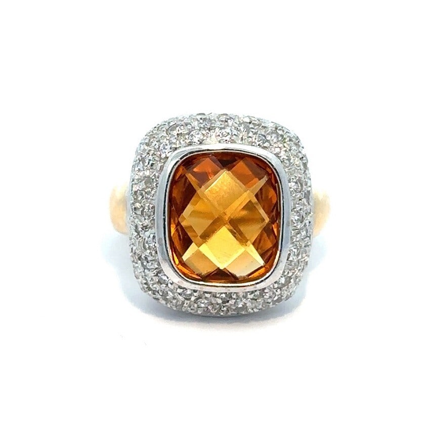 14K Two-Toned Gold Cushion Citrine Bombe Cocktail Ring: 14K Two-Toned Gold Cushion Citrine Bombe Cocktail Ring This stunning 14K Two-Toned Gold Large Cushion Citrine Bombe Cocktail Ring is an exquisite piece that combines elegance and style. Featuring a na