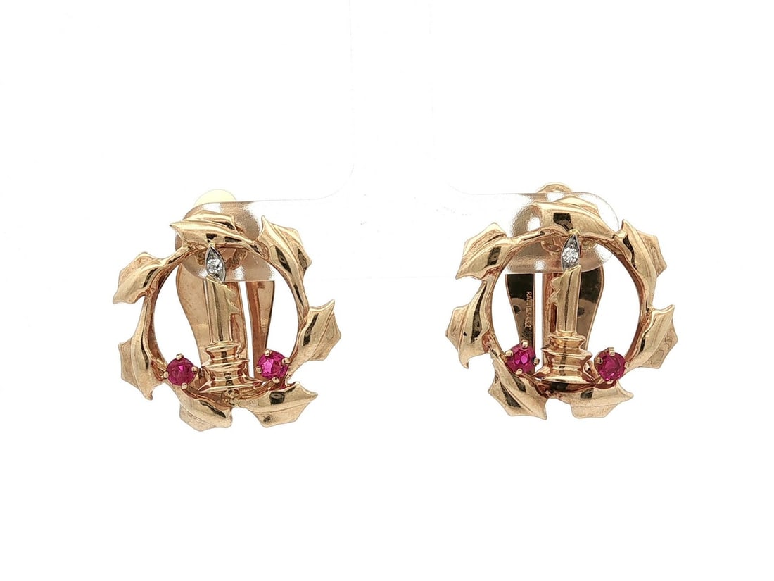 14K Yellow Gold Ruby Diamond Clip On Wreath Earrings with Palladium: 14K Yellow Gold Ruby Diamond Clip On Wreath Earrings with Palladium Vintage retro clip-on earrings with a holiday candle wreath design, crafted in 14K solid yellow gold with palladium accents. The ear