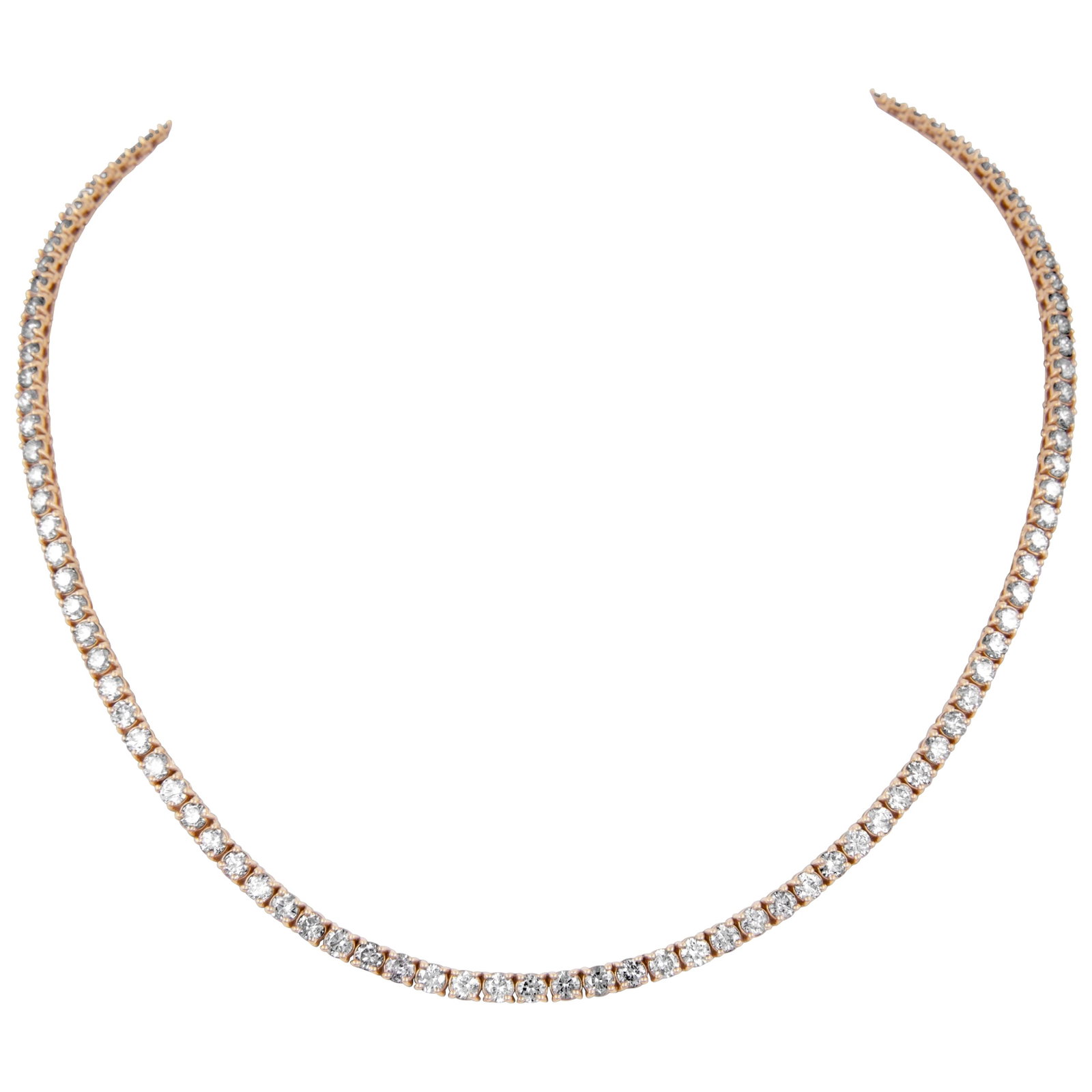 14k Rose Gold Diamond Tennis Necklace 11.75ct: 14k Rose Gold Diamond Tennis Necklace 11.75ct Classic diamond tennis necklace featuring 118 round brilliant white diamonds with a total weight of 11.75 ct, set in 14k rose gold. This contemporary neck