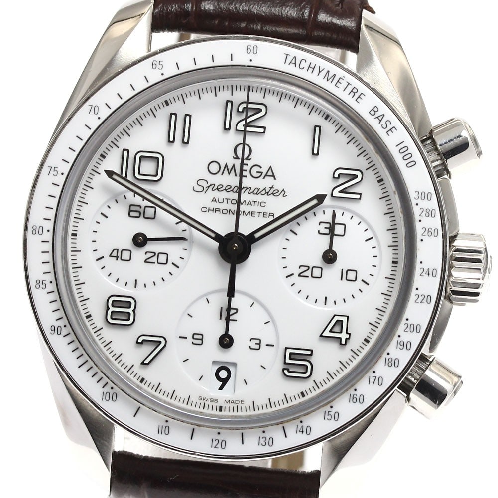 OMEGA Speedmaster 324.33.38.40.04.001 Ladies Chronograph Date Watch: OMEGA Speedmaster 324.33.38.40.04.001 Ladies Chronograph Date Watch OMEGA Speedmaster ladies wristwatch with chronograph, date, and small seconds functions. This watch features a white dial with an au