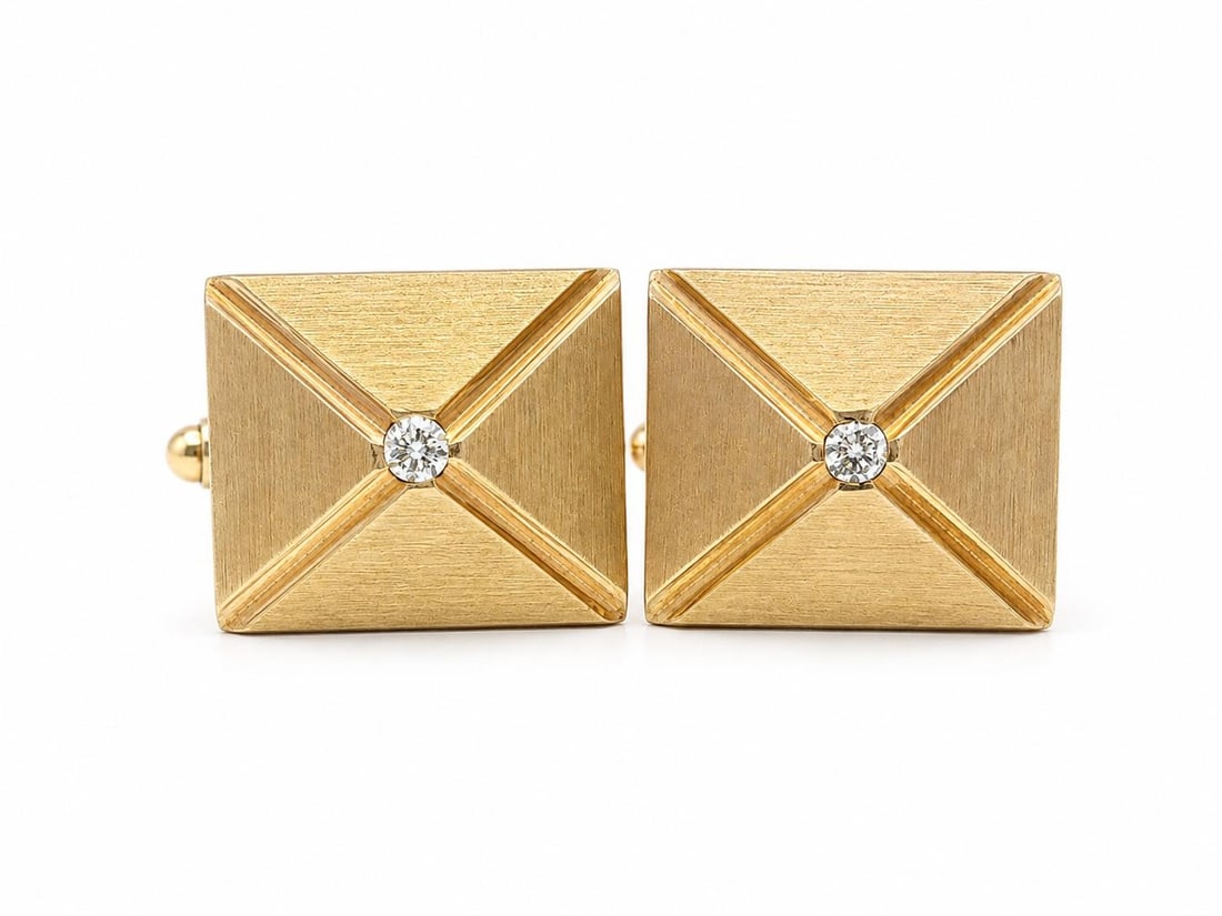 Men's 14k Yellow Gold Pyramid Cufflinks with 2 Diamonds Matte Finish: Men's 14k Yellow Gold Pyramid Cufflinks with 2 Diamonds Matte Finish Vintage men's cufflinks crafted in solid 14k yellow gold with a matte brushed pyramid design, each set with a natural round brillia