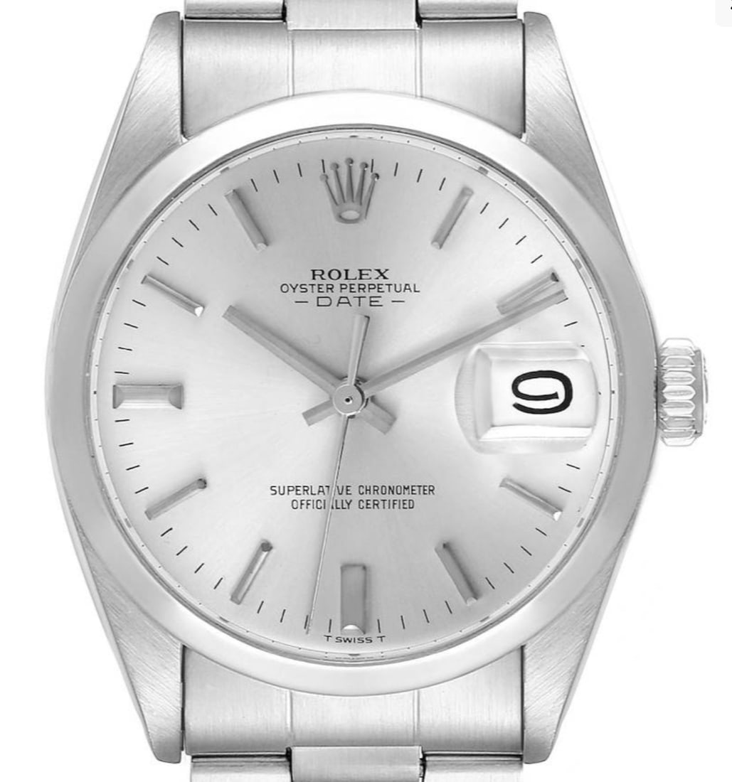 Rolex 1500 Oyster Perpetual Date mens watch silver stick dial: Rolex 1500 Oyster Perpetual Date mens watch silver stick dial Rolex Oyster Perpetual Date wristwatch featuring a silver stick dial, smooth bezel, and Oyster bracelet. This men's watch is identified by