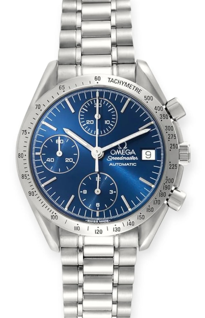 Omega Speedmaster Ref. 3511.80 Blue Dial Stainless Steel Watch: Omega Speedmaster Ref. 3511.80 Blue Dial Stainless Steel Watch Omega Speedmaster wristwatch featuring a blue dial, a fixed tachymeter bezel, and a stainless steel bracelet. This unisex model is identi