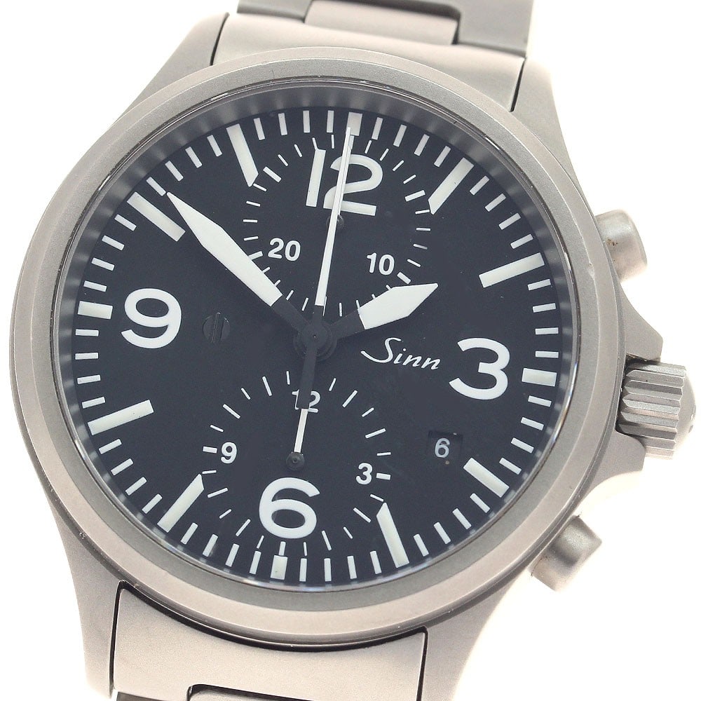 Sinn 756 automatic chronograph wristwatch with date black dial: Sinn 756 automatic chronograph wristwatch with date black dial Sinn 756 Date Chronograph automatic men's wristwatch with a black dial, stainless steel case, and stainless steel bracelet. This watch fe