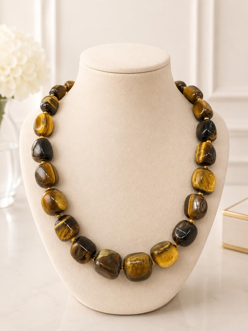 18 in Tiger's Eye Beaded Necklace Sterling Silver Toggle Clasp: 18 in Tiger's Eye Beaded Necklace Sterling Silver Toggle Clasp Beaded necklace featuring natural tiger's eye in mixed tumbled and round beads, wire strung and finished with a sterling silver toggle cl