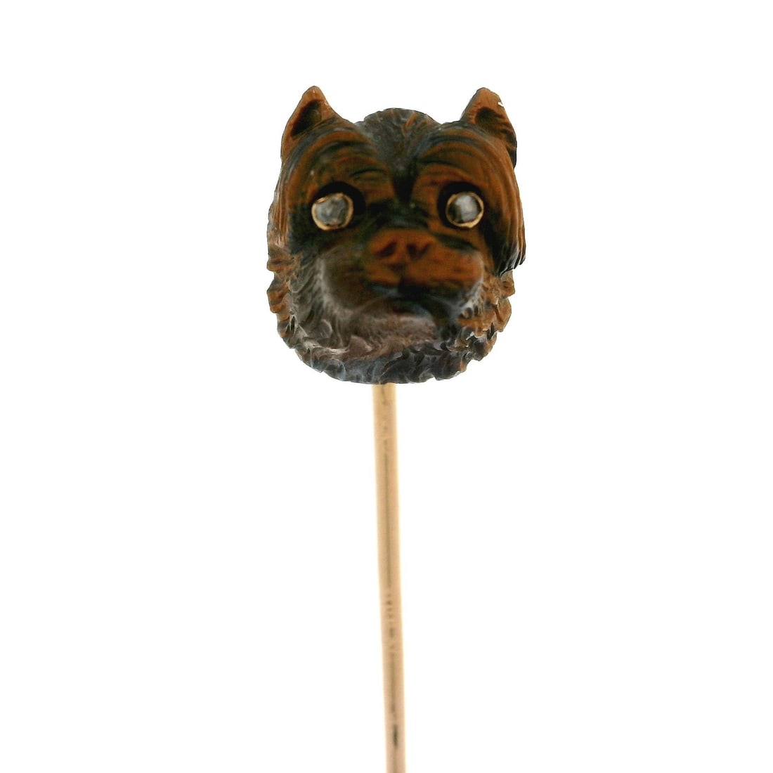 Antique 18k Yellow Gold Yorkie Head Stick Pin with Tiger's Eye and Diamonds: Antique 18k Yellow Gold Yorkie Head Stick Pin with Tiger's Eye and Diamonds This exquisite antique stick pin features a beautifully carved Yorkshire Terrier head made from natural genuine Tiger's Eye,