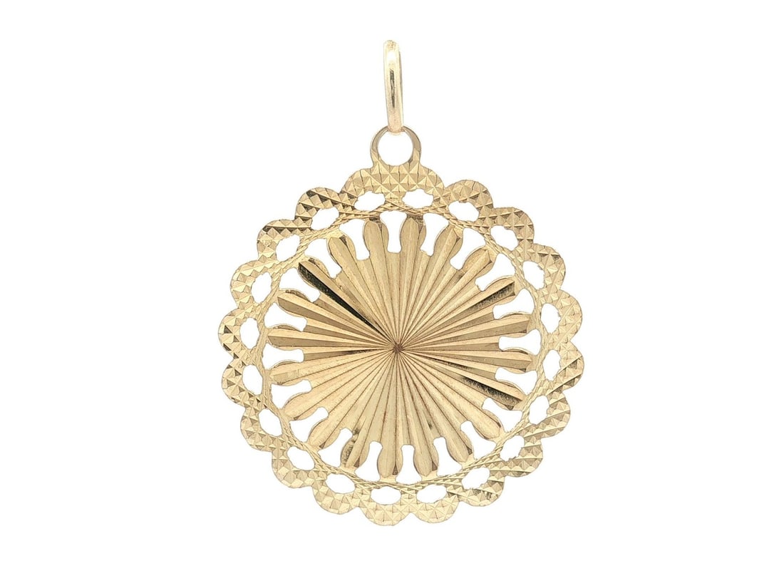 Italian 14k Yellow Gold Openwork Sunburst Medallion Pendant: Italian 14k Yellow Gold Openwork Sunburst Medallion Pendant Round open-work medallion pendant in solid 14k yellow gold with a diamond-cut radial sunburst design. Made in Italy, this pre-owned pendant 