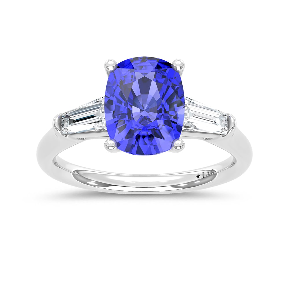 14K White Gold Lab Grown Diamond 3 3/4 Ct.Tw. Cushion Shape Recrystalized Blue Sapphire Engagement: 14K White Gold Lab Grown Diamond 3 3/4 Ct.Tw. Cushion Shape Recrystalized Blue Sapphire Engagement Ring (Center 3 ct) Experience timeless sophistication with this 14K white gold engagement ring. The