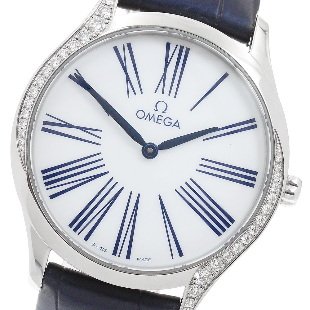 OMEGA De Ville Tresor 36mm womens quartz watch ref 428.17.36.60.04.001: OMEGA De Ville Tresor 36mm womens quartz watch ref 428.17.36.60.04.001 OMEGA De Ville Tresor ladies wristwatch with a white dial, quartz movement, stainless steel case, and leather strap. This watch-o