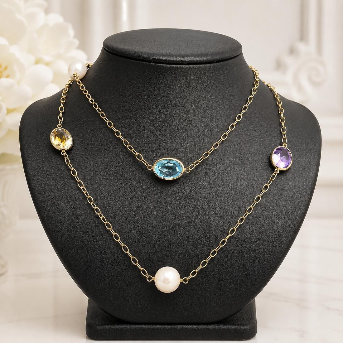 14k Yellow Gold Station Necklace with Pearls Amethyst Citrine Blue Topaz 39 in: 14k Yellow Gold Station Necklace with Pearls Amethyst Citrine Blue Topaz 39 in Pre-owned women's station necklace crafted in solid 14k yellow gold, featuring cultured pearls and natural amethyst, citr