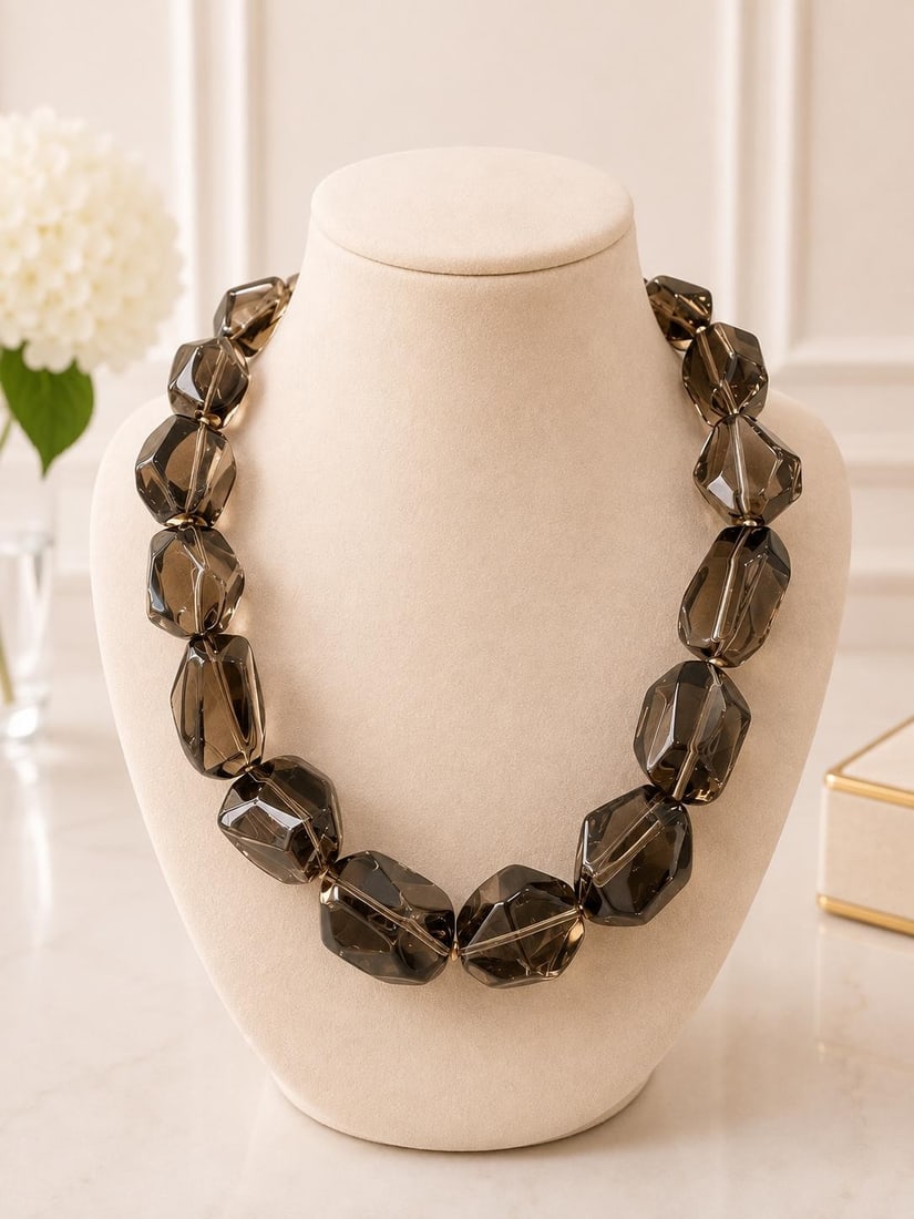 Smoky Quartz Bead Necklace Sterling Silver Clasp Chain: Smoky Quartz Bead Necklace Sterling Silver Clasp Chain Graduated smoky quartz bead strand necklace featuring 18 natural genuine faceted beads in a translucent cool brown color. The beads are wire stru