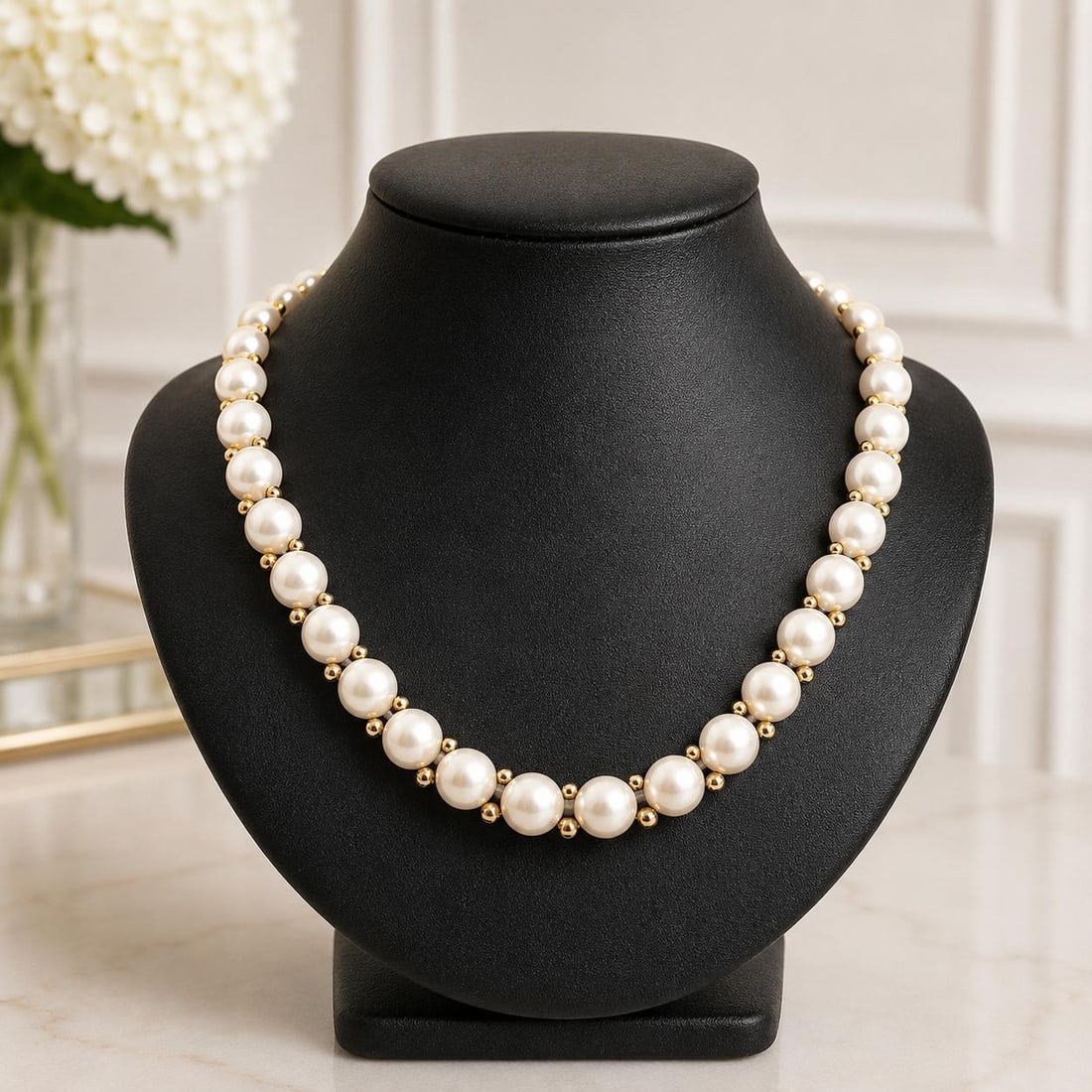 Cultured Pearl Strand Necklace with 14k Yellow Gold Beads 18": Cultured Pearl Strand Necklace with 14k Yellow Gold Beads 18" Pre-owned strand necklace featuring cultured round button pearls alternated with 14k yellow gold beads. The necklace is finished with a so
