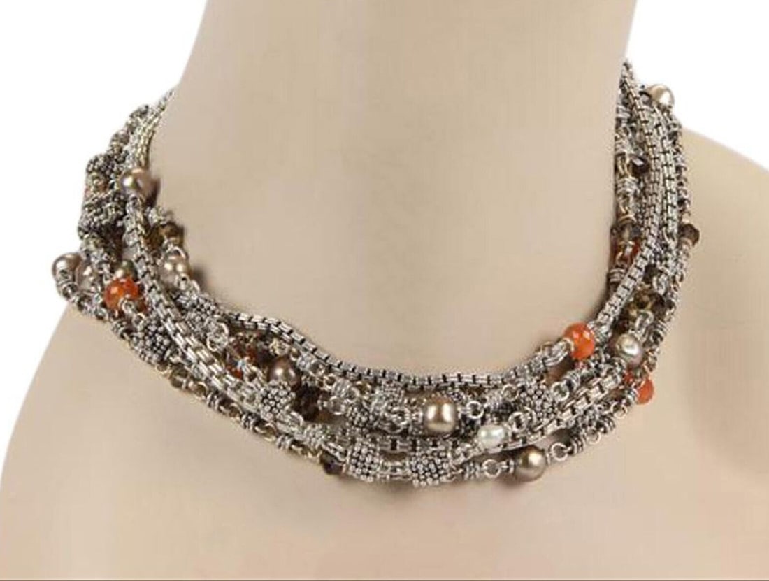 Michael Dawkins Sterling Silver Pearl Gemstone Beaded Necklace 17": Michael Dawkins Sterling Silver Pearl Gemstone Beaded Necklace 17" Vintage Michael Dawkins multistrand necklace with pearls and mixed gemstones in a layered beaded design. Crafted in sterling silver, 