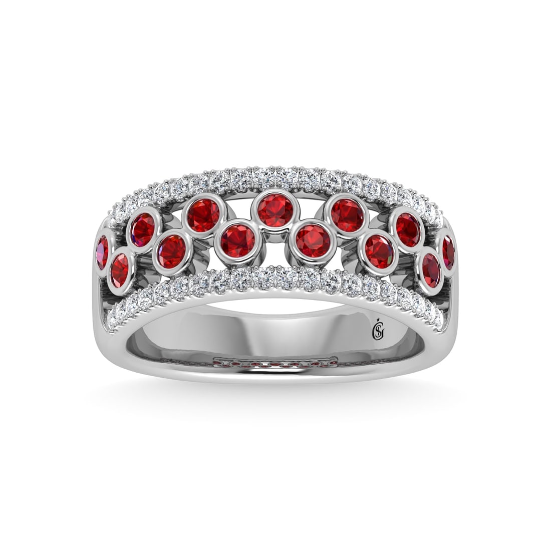 14K White Gold Diamond and Ruby 3/4 Ct.Tw. Fashion Ring: 14K White Gold Diamond and Ruby 3/4 Ct.Tw. Fashion Ring 14k White Gold Stone Color: G-h Stone Clarity: I1-i2 Each ring is presented in standard size 6.5. Complimentary resizing is available between si