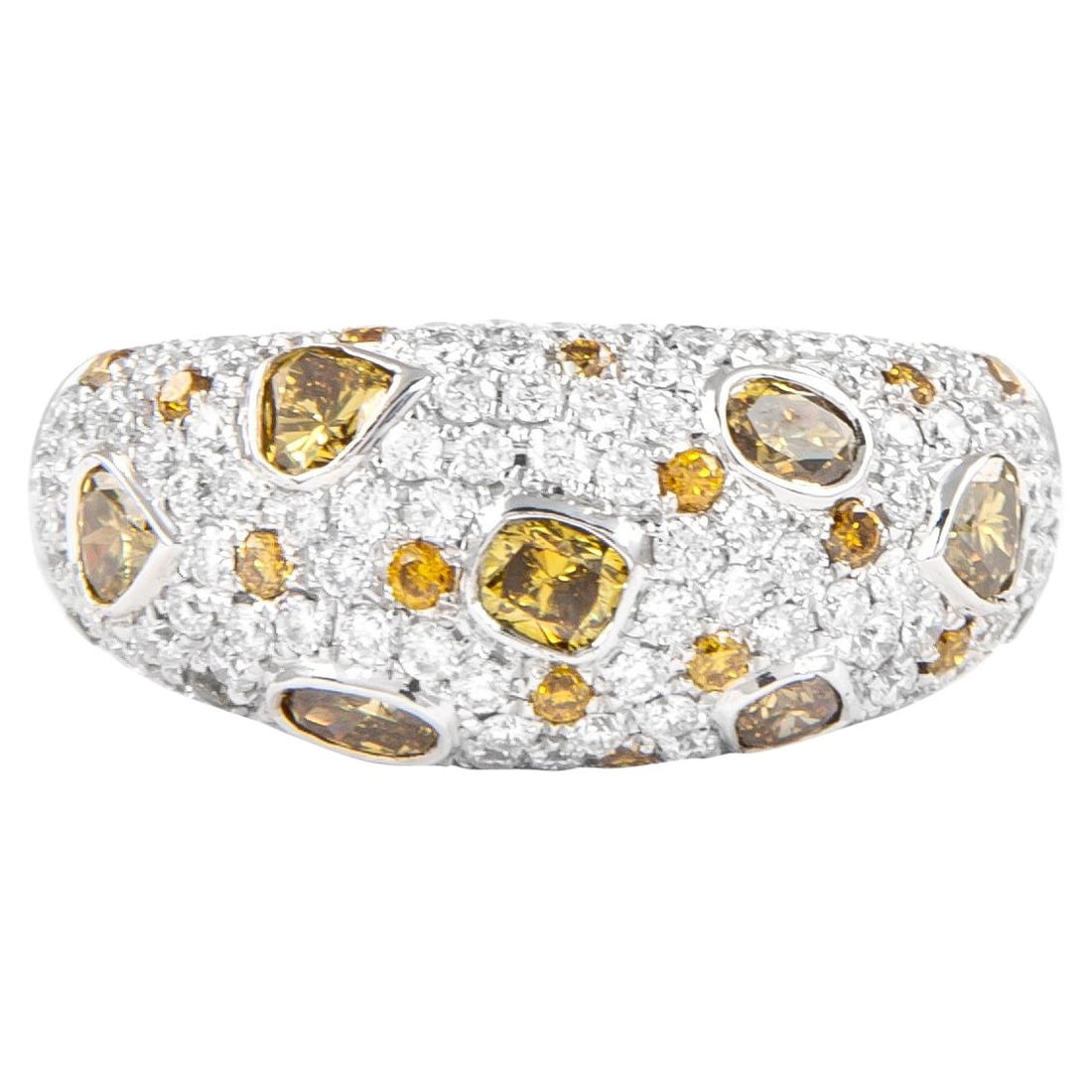 18k Two Tone Diamond Ring 2.16ct Fancy Yellow Brown Yellow: 18k Two Tone Diamond Ring 2.16ct Fancy Yellow Brown Yellow Contemporary multi-diamond cocktail ring featuring fancy yellow and brown yellow diamonds accented by white diamonds in an 18k white and yell