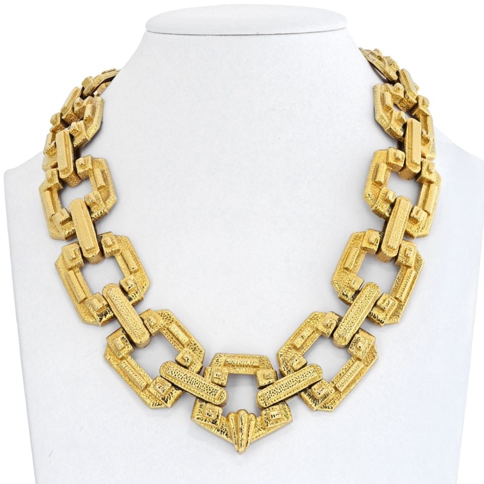 David Webb 19 Inch Platinum 18K Yellow Gold Open Link Necklace: David Webb 19 Inch Platinum 18K Yellow Gold Open Link Necklace Large open link necklace by David Webb in platinum and 18K yellow gold, featuring graduated modified square-shaped links with raised geom