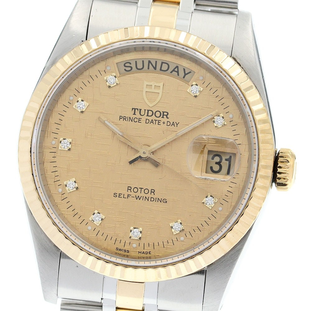 TUDOR Prince Date-Day Ref 76213 Mens Automatic 10 Diamond Watch: TUDOR Prince Date-Day Ref 76213 Mens Automatic 10 Diamond Watch TUDOR Prince Date-Day automatic men's wristwatch with a gold dial and 10-diamond design. This watch features a day-date display and come