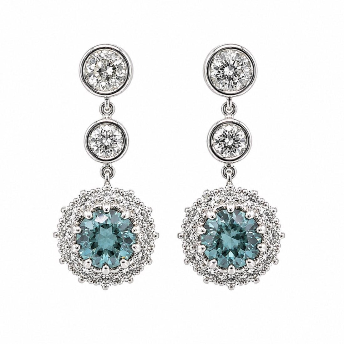 Platinum Drop Earrings with 2 Blue Diamonds and 28 Old Mine Diamonds: Platinum Drop Earrings with 2 Blue Diamonds and 28 Old Mine Diamonds Pre-owned platinum earrings set with irradiated blue diamonds and old mine diamonds. These earrings offer a classic fine jewelry de