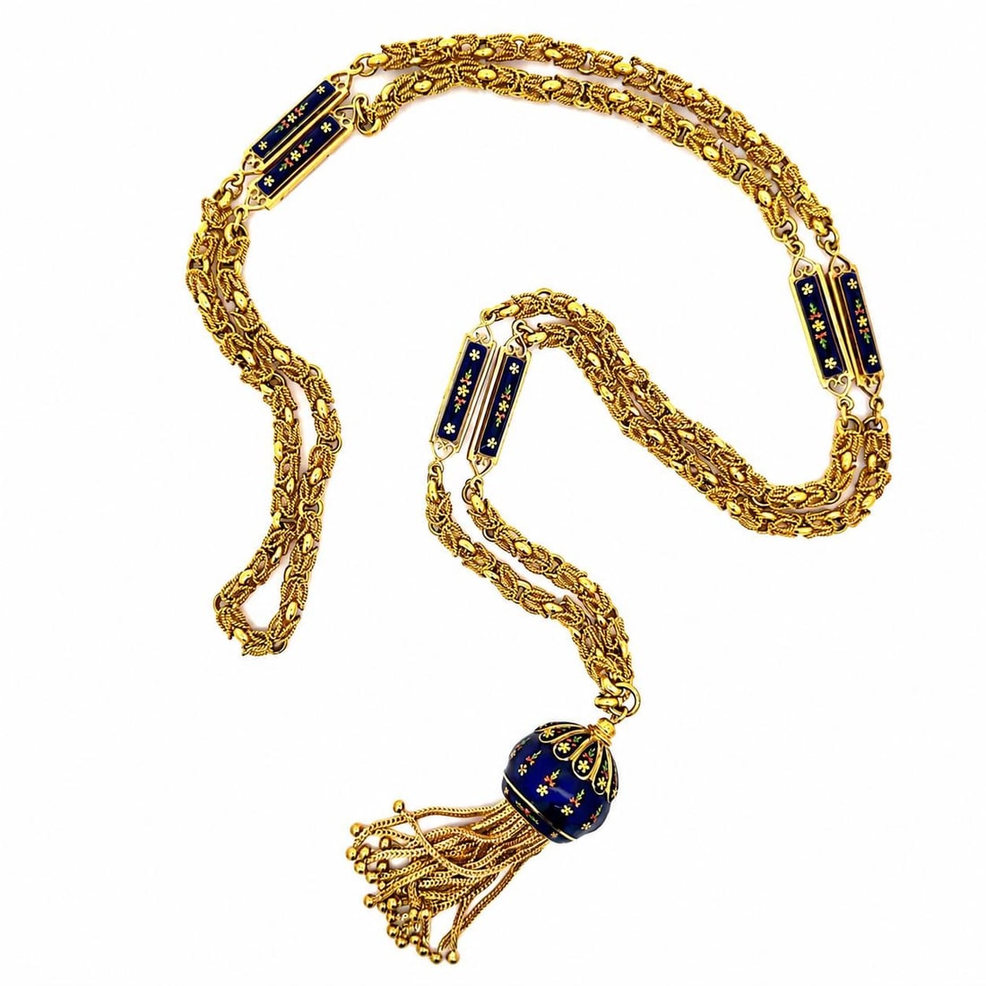 18k Yellow Gold Tassel Necklace with Enamel Floral Stations 33 in: 18k Yellow Gold Tassel Necklace with Enamel Floral Stations 33 in Victorian Revival slip-on necklace crafted in solid 18k yellow gold with twisted interlocking fancy links, floral multicolor enamel st