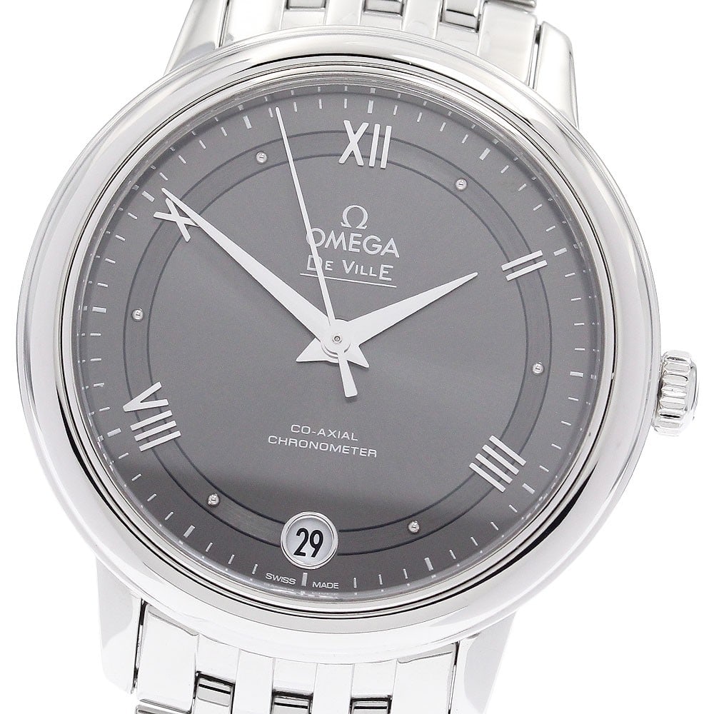 OMEGA De Ville Prestige ladies automatic watch ref 424.10.33.20.06.001: OMEGA De Ville Prestige ladies automatic watch ref 424.10.33.20.06.001 OMEGA De Ville Prestige Co-Axial automatic women's wristwatch with a gray dial, stainless steel case, and stainless steel bracele