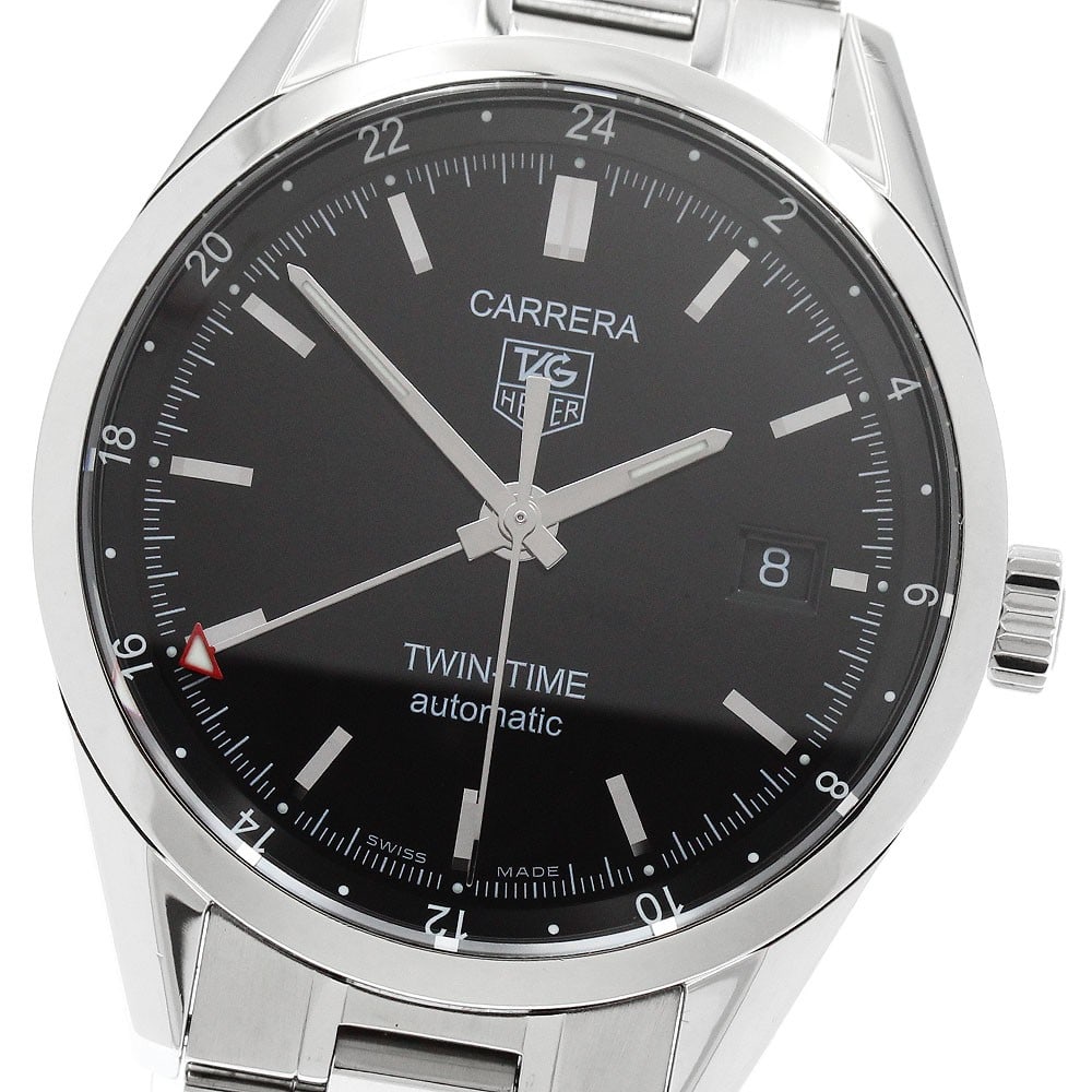 TAG Heuer Carrera Twin Time WV2115 automatic GMT mens wristwatch: TAG Heuer Carrera Twin Time WV2115 automatic GMT mens wristwatch TAG Heuer Carrera Twin-Time Date GMT automatic men's wristwatch with a black dial, stainless steel case, and stainless steel bracelet. 