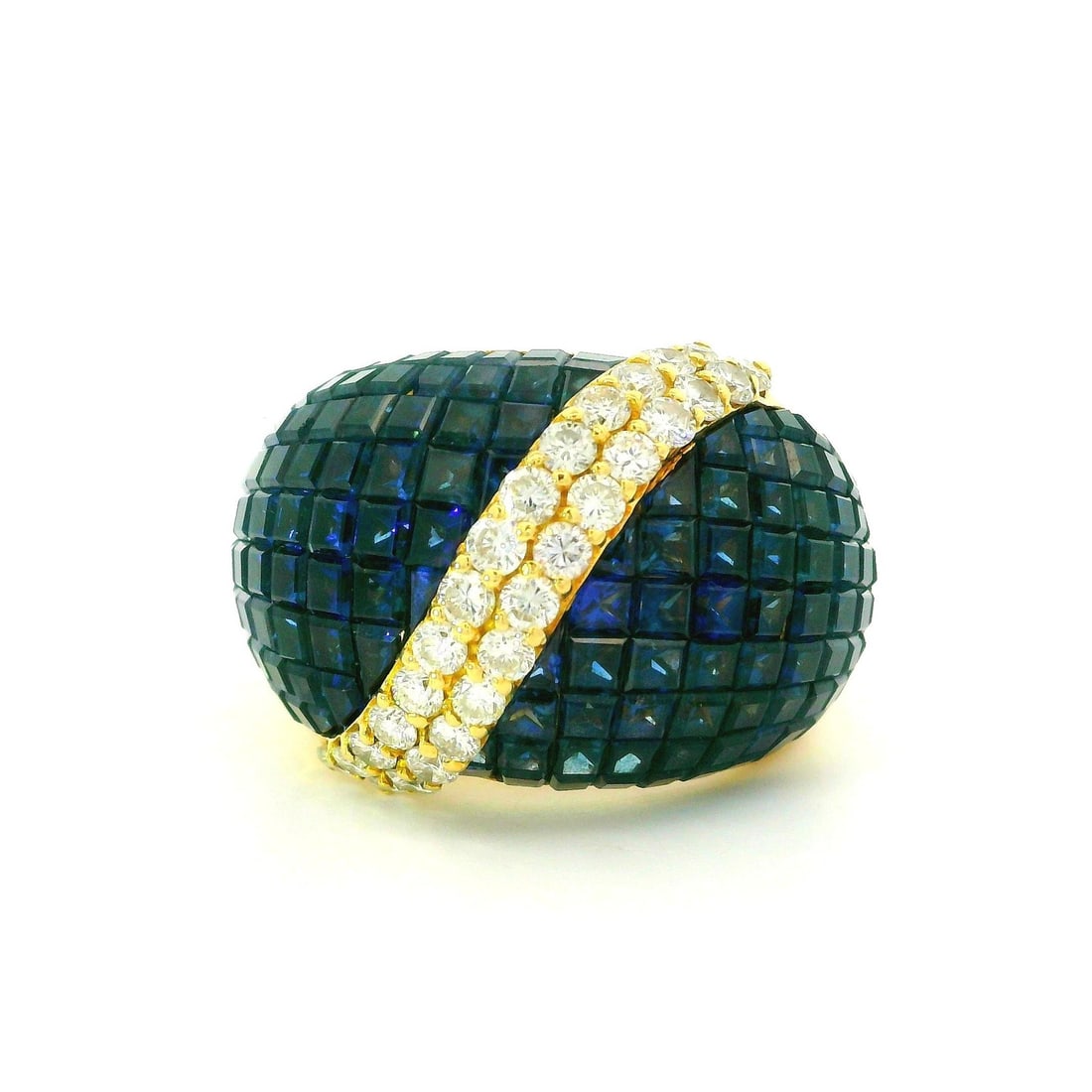 18k Yellow Gold Bombe Ring 12.73ctw Sapphire Diamond Cocktail: 18k Yellow Gold Bombe Ring 12.73ctw Sapphire Diamond Cocktail This stunning 18k Yellow Gold Bombe Ring features a unique mystery invisible set design adorned with natural genuine sapphires and diamond