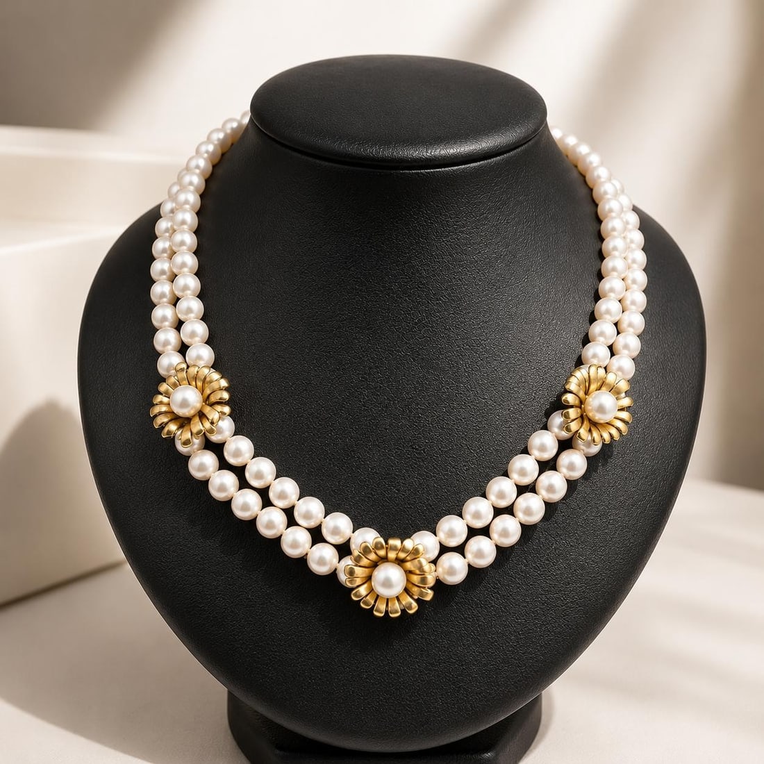 15 Inch Cultured Pearl Double Strand Necklace 18k Gold Flower Stations: 15 Inch Cultured Pearl Double Strand Necklace 18k Gold Flower Stations Elegant dual-strand cultured pearl necklace featuring round white pearls with a pink overtone, accented by flower stations and a 