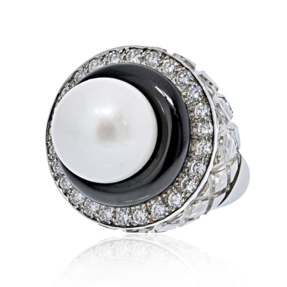 David Webb Rock Crystal Pearl Diamond Ring Platinum 18K White Gold: David Webb Rock Crystal Pearl Diamond Ring Platinum 18K White Gold Estate cocktail ring by David Webb featuring carved rock crystal, diamonds, black enamel, and a South Sea pearl. Crafted in platinum 