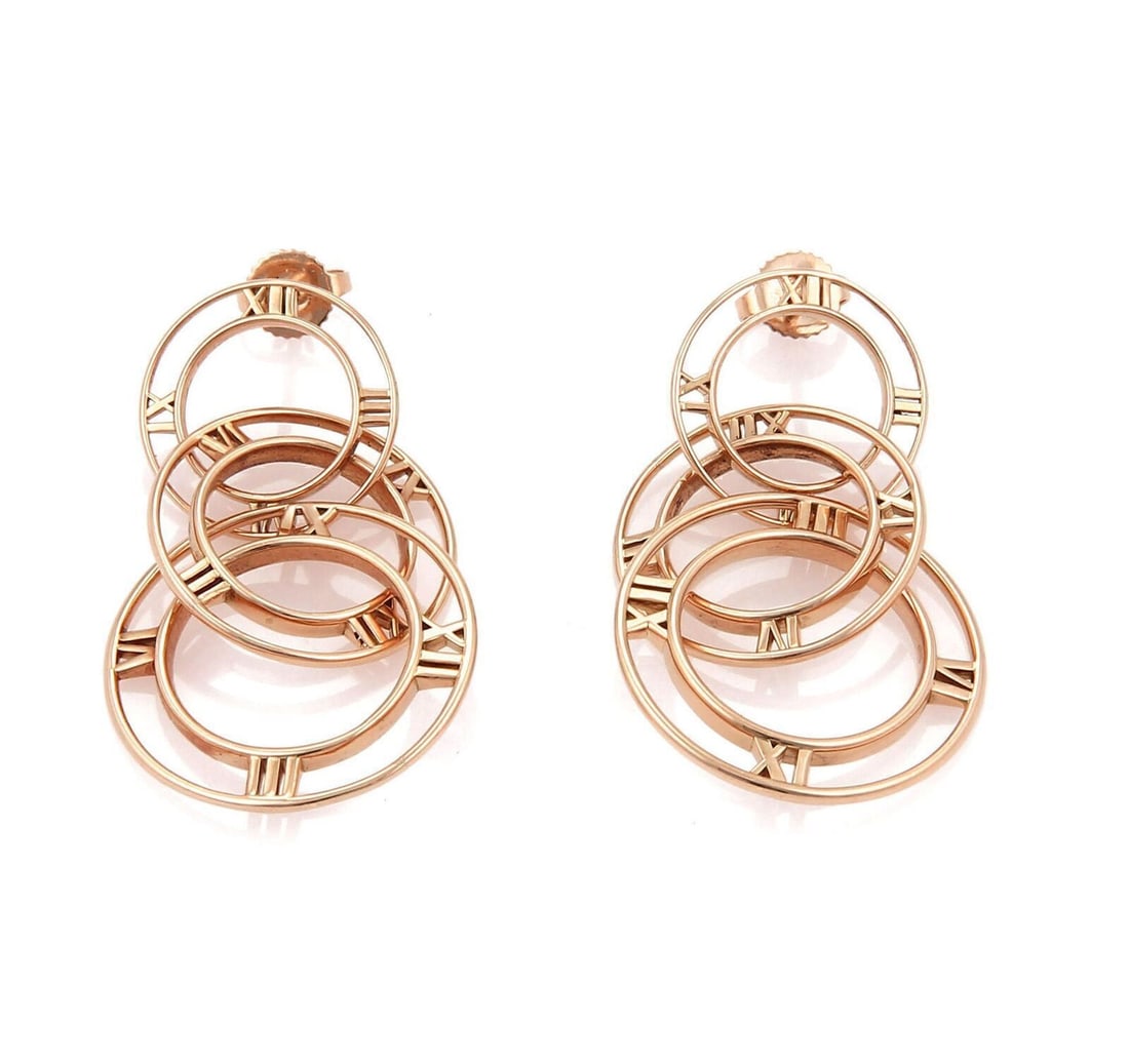 Tiffany & Co. Atlas 18k Rose Gold Chandelier Earrings Triple Hoop Dangle: Tiffany & Co. Atlas 18k Rose Gold Chandelier Earrings Triple Hoop Dangle Pre-owned Tiffany & Co. Atlas earrings crafted in 18k rose gold. This chandelier-style pair features a triple graduated hoop da