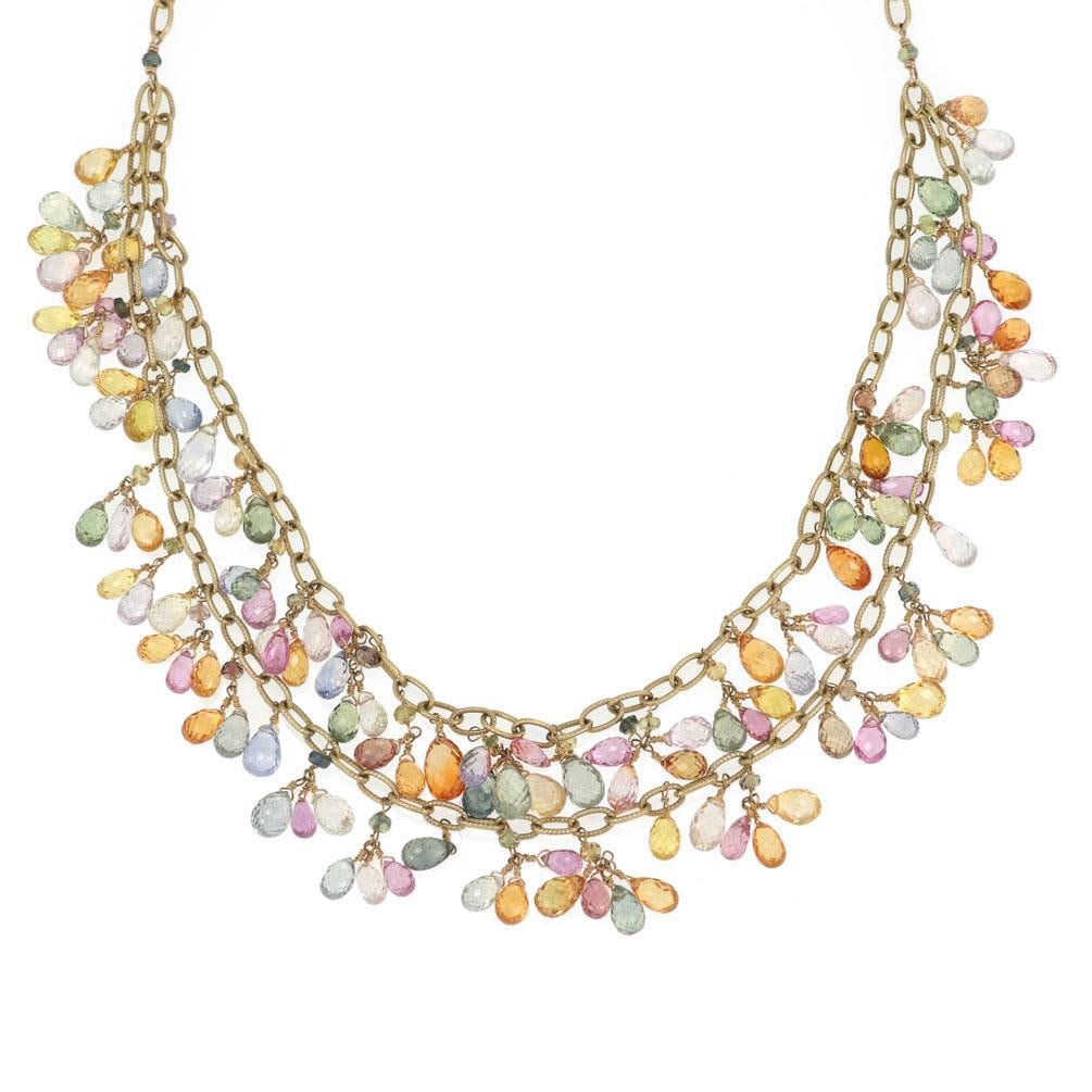 Double Layer 18k Gold Necklace with 147.50ct Multicolor Sapphire Beads: Double Layer 18k Gold Necklace with 147.50ct Multicolor Sapphire Beads This exquisite double layer beaded necklace is crafted from 18k yellow gold and features a textured oval link chain. At the cente