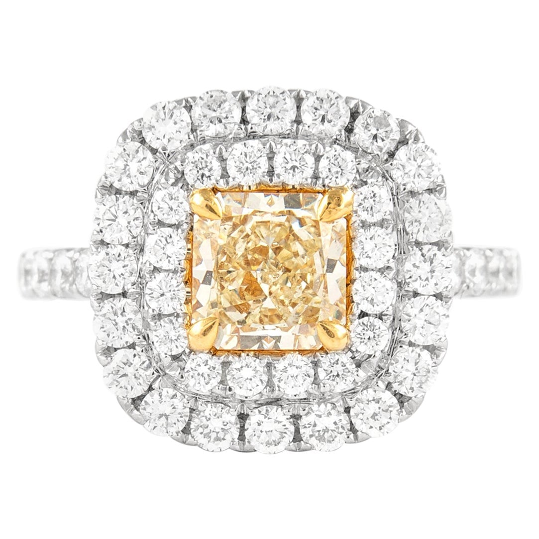 18k Gold Ring 2.57ct Fancy Yellow Diamond Double Halo: 18k Gold Ring 2.57ct Fancy Yellow Diamond Double Halo Contemporary double halo ring featuring an EGL-certified Fancy Yellow radiant cut diamond at the center, accented by round brilliant diamonds in a