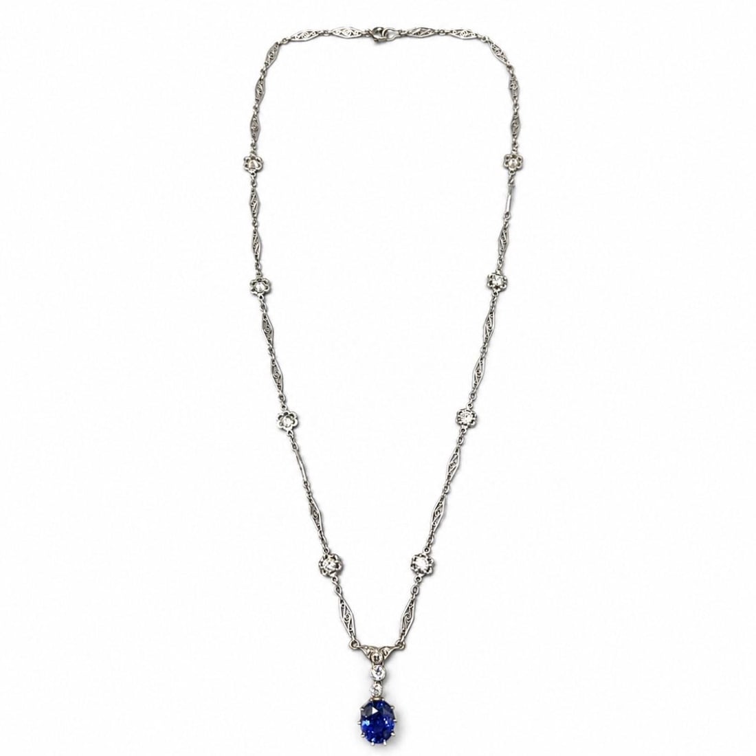 GIA No Heat Ceylon Sapphire Diamond Necklace in Platinum Art Deco: GIA No Heat Ceylon Sapphire Diamond Necklace in Platinum Art Deco Art Deco necklace crafted in platinum, centered with a GIA certified no-heat Ceylon sapphire and accented by 14 old mine cut diamonds.