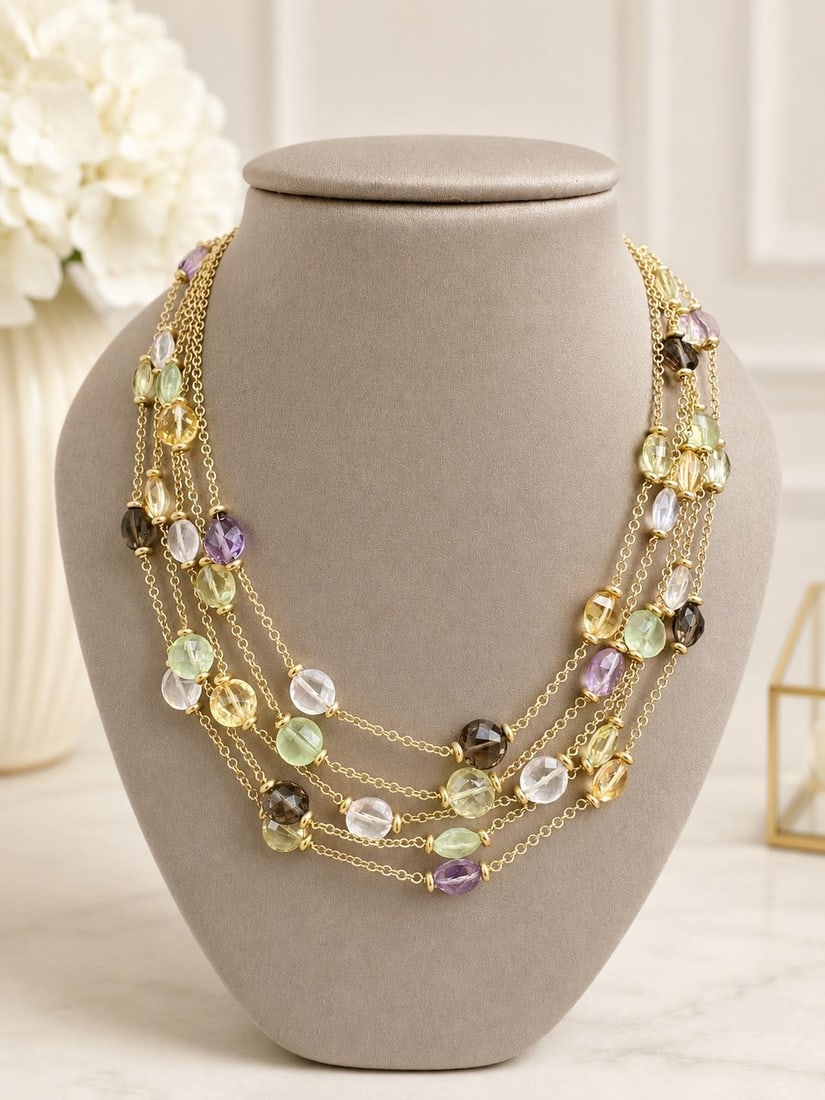 Italian 18k Yellow Gold 5 Row Cable Necklace with Multicolor Gemstones: Italian 18k Yellow Gold 5 Row Cable Necklace with Multicolor Gemstones Italian-made layered style necklace crafted in solid 18k yellow gold with five cable-link rows and multiple station-set natural g