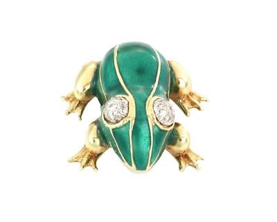 Vintage 14k Two Tone Gold Frog Brooch with Enamel and Diamonds: Vintage 14k Two Tone Gold Frog Brooch with Enamel and Diamonds Add a touch of whimsy to your accessory collection with this charming vintage frog brooch, expertly crafted from 14k yellow and white gol